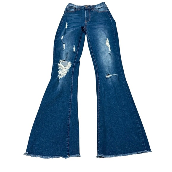 Flamingo Blue Distressed Ultra Flare Jeans XS | Medium Wash | Y2K Vintage Vibes - Picture 1 of 4